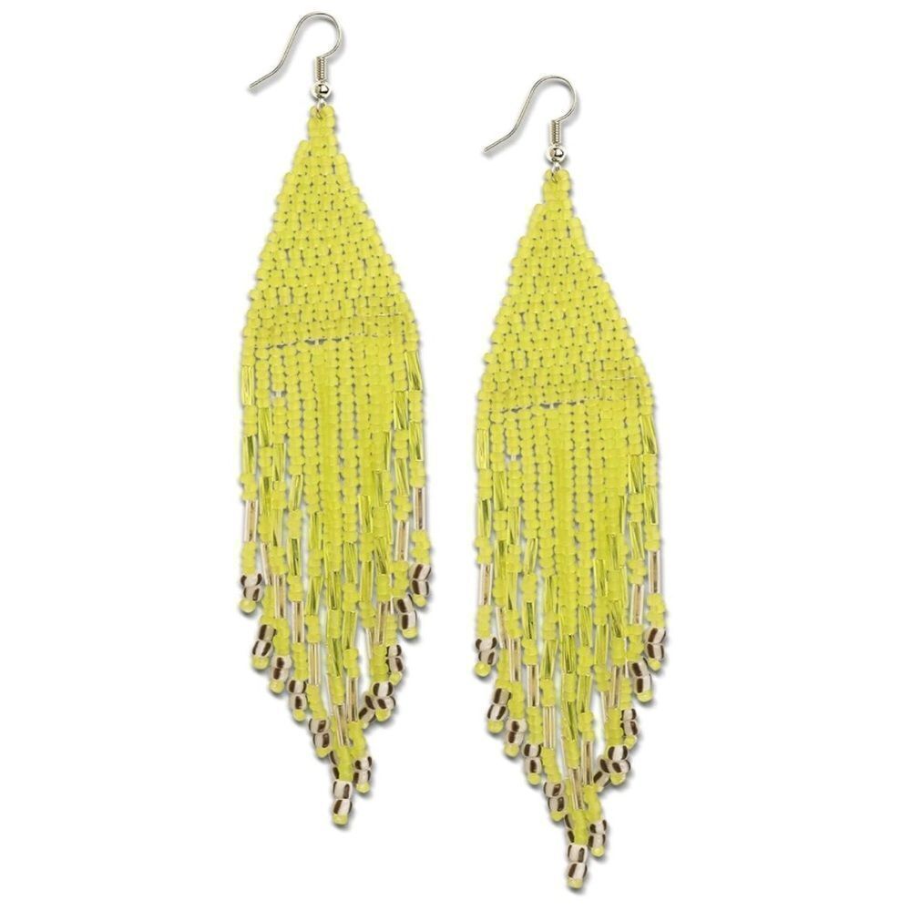 Green Bohemian Seed Bead Tassel Dangling Statement French Wire Hook Earrings